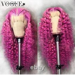 Hot Pink Curly Human Hair Transparent Lace Lace Front Preplucked Deep Wave Wig